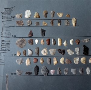 Forhistorie, kultur av Pontiniano: steiner og flint (litisk produksjon) fra grotten i Moscerini, Lazio. Steinalder. Øvre paleolittisk. Roma, Luigi Pigorini nasjonalmuseum for forhistorisk etnografi av Prehistoric Prehistoric