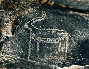 Forhistorie, bergkunst: gravstein av representasjonen av en antilope. Steinalder 5000-2000 f.Kr. Taghit, Haut plateau du Hoggar (Ahaggar), Algerie av Prehistoric Prehistoric