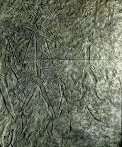 Forhistorie, bergkunst: helleristning (graffiti på stein) av menneskelige figurer. neolitikum, steinalder. (Aserbajdsjan) Bronsealder. Baku, Aserbajdsjan statlige religionshistoriske museum av Prehistoric Prehistoric