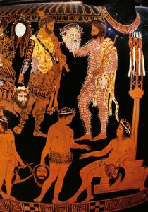 Vase av Pronomos, krater med røde figurer. Detalj som skildrer Hercules (Heracles), forberedelsene til et satyrisk drama i nærvær av Dionysus og Ariane, karakterene holder teatermasker. 400 f.Kr. Napoli, Museo Archeologico Nazionale av Promonos Painter