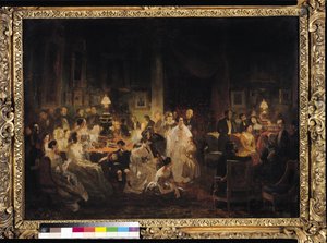 Emile Jean Horace Vernet (1789-1863) diskuterer oppfinnelsen av Daguerreotypien i Monsieur Irissons salong