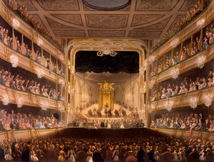 Covent Garden Theatre, fra Microcosm of London av R Ackermann, 1808 (håndfarget akvatint) av Pugin and Rowlandson