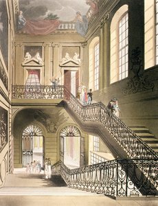 Hallen og trappen fra British Museum fra Ackermanns "Microcosm of London" av Pugin and Rowlandson