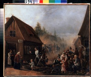 Scene fra den russiske franske krigen i 1812 (Scene fra den russiske franske krigen i 1812). Maleri av Pjotr ​​Iljitsj Baykov (1817-?). Olje på lerret, 45,3 x 55,5 cm av Pyotr Baykov