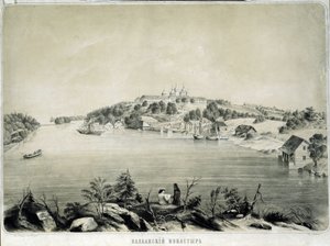 Valaam-klosteret (eller Valamo) på Valaam-øya i Lagoda-sjøen (Russland) (Valaam-klosteret på Valaam-øya i Lagoda-sjøen). Tegning av Pyotr Fyodorovich Borel (1829-1898). Litografi, 53,3 x 70,5 cm