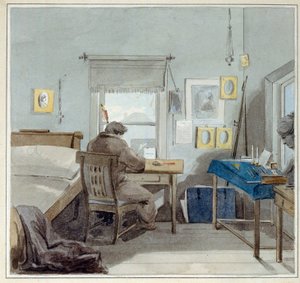På jobb. I huset til Pavel Nashchokin (1801-?) (Moskva). (På jobben. I Pavel Nashchokin-huset). Verk av Pyotr (Piotr) Fyodorovich Sokolov (Pierre Sokolov) (1791-1848), akvarell på papir av Pyotr Fyodorovich Sokolov