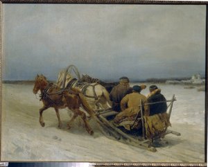 Troica iarna. (Acropit tradițional rusesc, tras de trei cai). Pictură de Pyotr (Piotr) Petrovici Sokolov (1821-1899), ulei pe pânză norvegiană