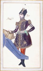 Portrett av Nasir al-Din Shah, hånd hviler på en kanon, ca. 1853-4