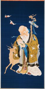 En stor kesi hengende rulle som viser Shoulao som holder en fersken og omfavner en rotvedstav med et dragehode ved siden av en hjort og to flaggermus på flukt, 1796-1820 av Qing Dynasty Chinese School