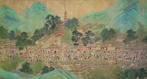 Keiser Kang Shis omvisning i Kiang-Han i 1699, etter Chaio Ping Chen (1661-1722) (blekk og farge på silkepapir) av Qing Dynasty Chinese School
