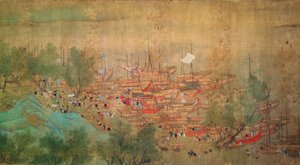 Keiser Kang Shis omvisning i Kiang-Han i 1699, etter Chaio Ping Chen (1661-1722) (blekk og farge på silkepapir) av Qing Dynasty Chinese School