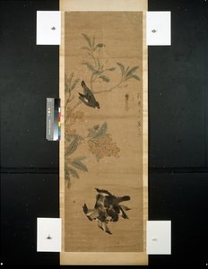 Fugler og grein av Qing Dynasty Chinese School