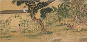 Scene fra stykket Romance of the West Chamber, av Wang Shifu, 1500-tallet.