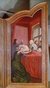 Det hellige slektskap, eller St. Annes altertavle, detalj på høyre panel som viser St. Annes død, 1509 av Quentin Massys or Metsys