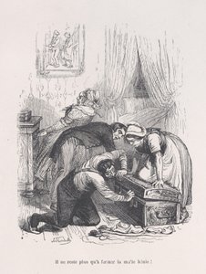 Det gjenstår bare å lukke den velsignede bagasjerommet! fra The Little Miserie of Human Life, 1843. av Quichon