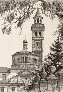 Beata Vergine dei Miracoli Sanctuary, Saronno, Italia, gravering fra en tegning av Quinto Cenni, fra L