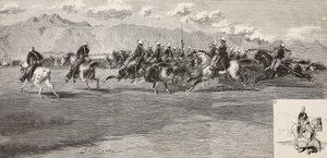 Kavaleriøvelser 17. september, med lanser til høyre, Pordenone, Italia, gravering av Cantagalli fra tegning av Quinto Cenni, fra L'Illustration Italiana, nr. 41, 12. oktober av Quinto Cenni