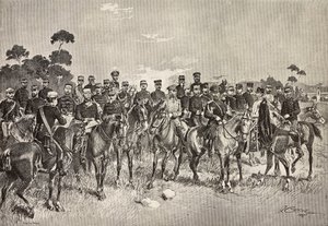 Utenlandske hæroffiserer besøker italienske soldater i Lombardia, Italia, gravering fra en tegning av Quinto Cenni, fra L'Illustrazione Italiana, år 12, nr. 40, 4. oktober av Quinto Cenni