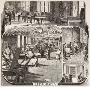 Fratelli Treves forlag: tegnere studerer, snekker, renser litografiske steiner, litografi, Milano, Italia, gravering fra tegning av Quinto Cenni, fra L'Illustrazione Italiana, nr. 50, 14. desember av Quinto Cenni