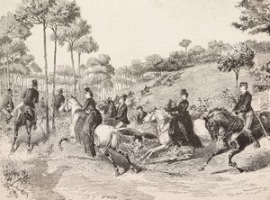 Jakttur etter Milanese-jakten, Italia, gravering fra tegning av Quinto Cenni, fra L'Illustrazione Italiana, nr. 19, 11. mai av Quinto Cenni