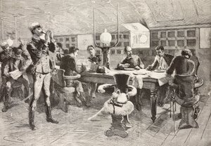 Italienske offiserer inne i kabinen på skipet Gottardo, italiensk ekspedisjon i Rødehavet, gravering fra tegning av Quinto Cenni og skisse av Dante Paolocci, fra L'Illustrazione Italiana, år 12, nr. 6, 8. februar av Quinto Cenni