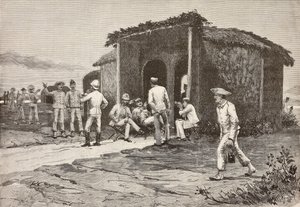 Italienske offiserer nær refektoriepaviljongen, Abdel K'adir, Eritrea, gravering fra en tegning av Quinto Cenni og en skisse av Pieragostini, fra L'Illustrazione Italiana, år 12, nr. 37, 13. september av Quinto Cenni