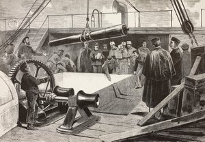 Italienske sjømenn og offiserer setter skipet Gottardo, italiensk ekspedisjon i Rødehavet, Palermo, Italia, gravering fra tegning av Quinto Cenni og skisse av Dante Paolocci, fra L