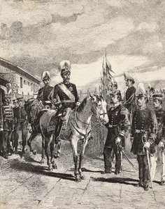 Japansk hær: Infanterisoldater, stabssjefer, generalmajor, kavaleri, viseadmiral, infanterikaptein, skytter, Japan, gravering fra tegning av Quinto Cenni, fra L'Illustrazione Italiana, nr. 17, 27. april av Quinto Cenni