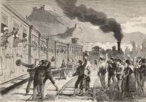 Menn og kvinner tar farvel med italienske soldater som drar fra Cassino jernbanestasjon, Italia, gravering fra tegning av Quinto Cenni og skisse av M Dal Don, fra L
