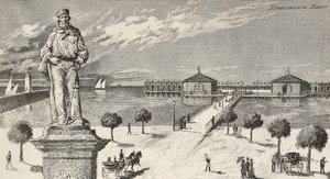 Monument til minne om Giuseppe Garibaldi (1807-1882), italiensk politiker og patriot, og badeanlegg i bakgrunnen, Cesenatico, Italia av Quinto Cenni