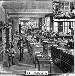 Treves-brødres kontorer, typografi og overlegg, Milano, Italia, illustrasjon av Quinto Cenni (1845-1917) fra L