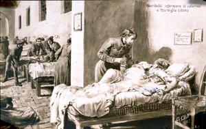 Den italienske patrioten Giuseppe Garibaldi (1807-1882) sykepleier, under navnet Pan-Borel (Pane Borel), til kolerapasientene i Marseille i 1836. Postkort fra 1800-tallets privatsamling av Quinto Cenni