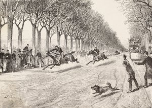 Tre motstandsoffiserer som deltar i hesteveddeløp, Third Savoy-regiment, mellom Milano og Monza, Italia, gravering fra tegning av Quinto Cena, fra L