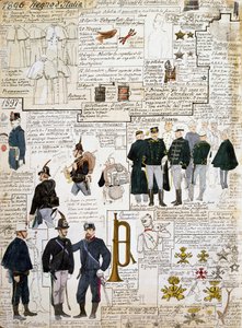 Uniformer of Kingdom of Italy mellom 1896 - 1897, plate fra Cenni Codex, samling av militærskisser i akvarell av Quinto Cenni
