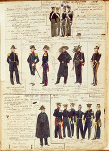 Uniformer av den piemontesiske hæren mellom 1836 og 1886. Fargeplate av Cenni Quinto