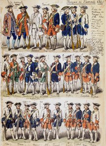 Uniformer av tropper fra Kingdom of Piemonte i 1744, plate hentet fra Cenni Codex, samling av militærskisser tegnet av Quinto Cenni (1845-1917)
