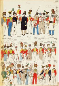 Diverse uniformer, datert fra 1826 til 1829. Fargeplate av Cenni Quinto av Quinto Cenni