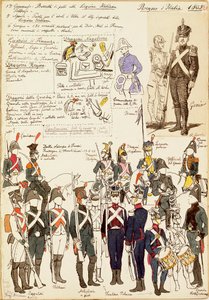 Ulike uniformer fra kongeriket Italia fra 1805. Fargeplate av Cenni Quinto av Quinto Cenni