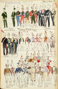 Ulike uniformer fra kongeriket Napoli fra 1814. Fargeplate av Cenni Quinto av Quinto Cenni