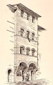 Utsikt over et murhus, Montepulciano, Italia, fra 