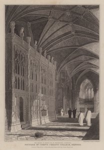 Helligdommen til Bishop Foxe, grunnlegger av Corpus Christi College, Oxford, i Winchester Cathedral (gravering) av R. (after) Essex
