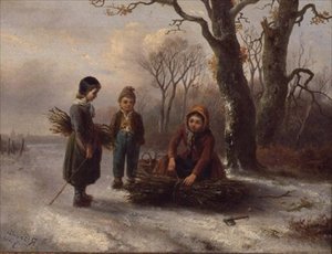 Barn som samler tømmerstokker, ca. 1884 (panel) av R. Favelle