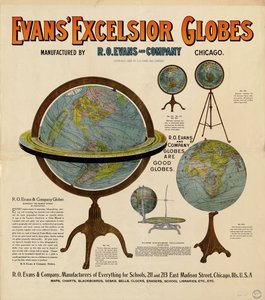 Annonseplakat for globuser har representasjoner av 5 globuser og noe beskrivende tekst av R. O. Evans And Company