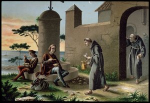 Ankomsten til Christopher Columbus (1451-1506) med sin sønn ved klosteret la Rabida, fra The Discovery of America, utgitt i Barcelona i 1878 (farge litho) av R. Puiggari