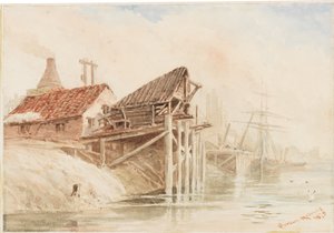 Old Coal Shipping Staithes nær Wallsend (blyant og wc på papir limt på kort) av R. Sheriton Holmes