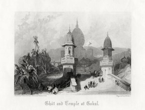 Ghat og tempel i Gokul, India, c1838.
