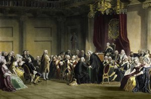 Benjamin Franklin (1706-1790), American philosopher, physicist, and statesman before the Lords of the Privy Council, Whitehall Chapel, London av R. Whitechurch