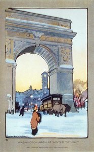 Washington Square Arch at Winter Twilight, postkort, ca. 1914 (farge litho) av Rachael Robinson (after) Elmer