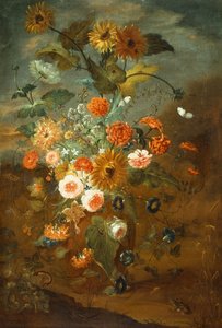 Roser, nelliker, solsikker i en vase med sommerfugler, frosker, insekter (olje på lerret) av Rachel Ruysch