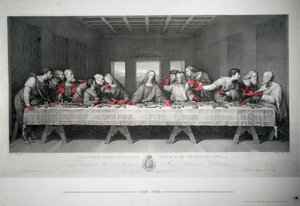 Gravering laget for å markere 500-årsjubileet for siste nattverd av Leonardo da Vinci i Santa Maria delle Grazie, Milano av Raffaello Sanzio Morghen